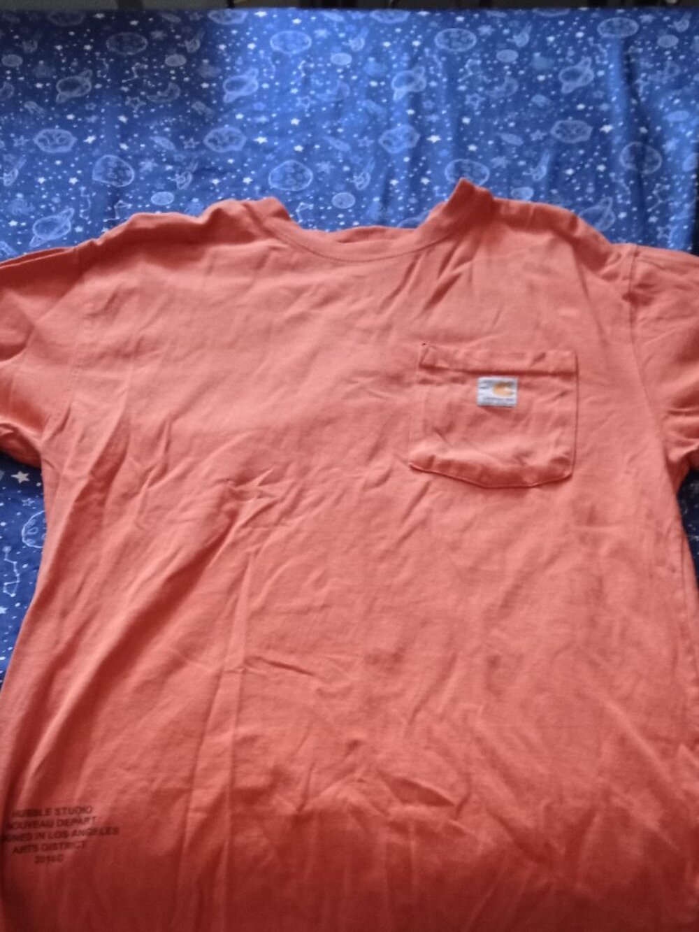 This is a Hubble studio motorcycle Brand on a Carhartt tshirt